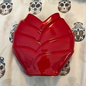 Vintage 1980s Art Deco Style Vase | Ceramic Deep Red Ribbed Flower Vase.